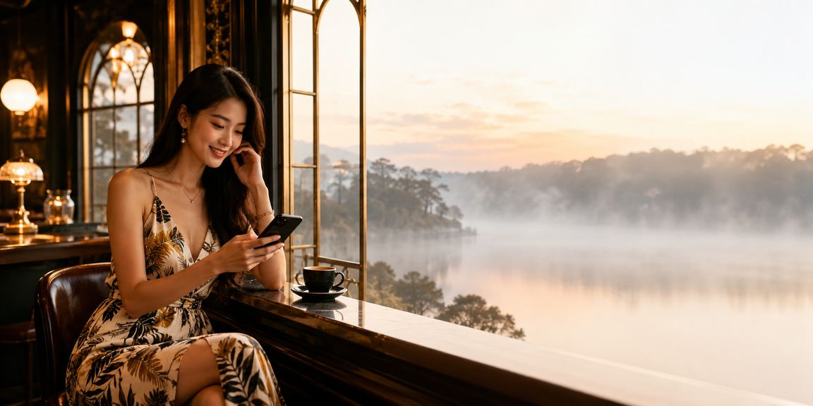 Người chơi trải nghiệm casino trên điện thoại tại quán cà phê Đà Lạt